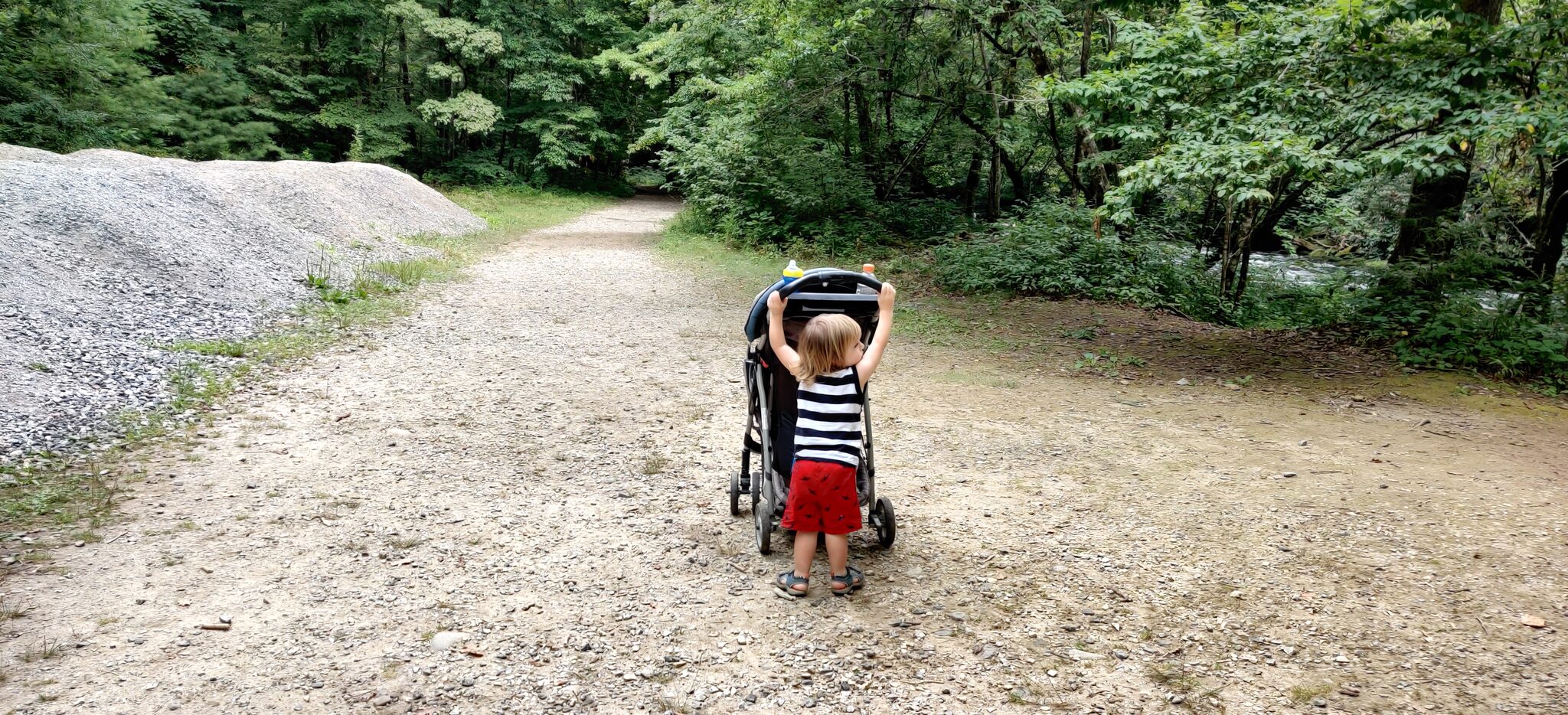 Toddler pushing stroller on the Deep Creek Trail in Great Smoky Mountains National Park