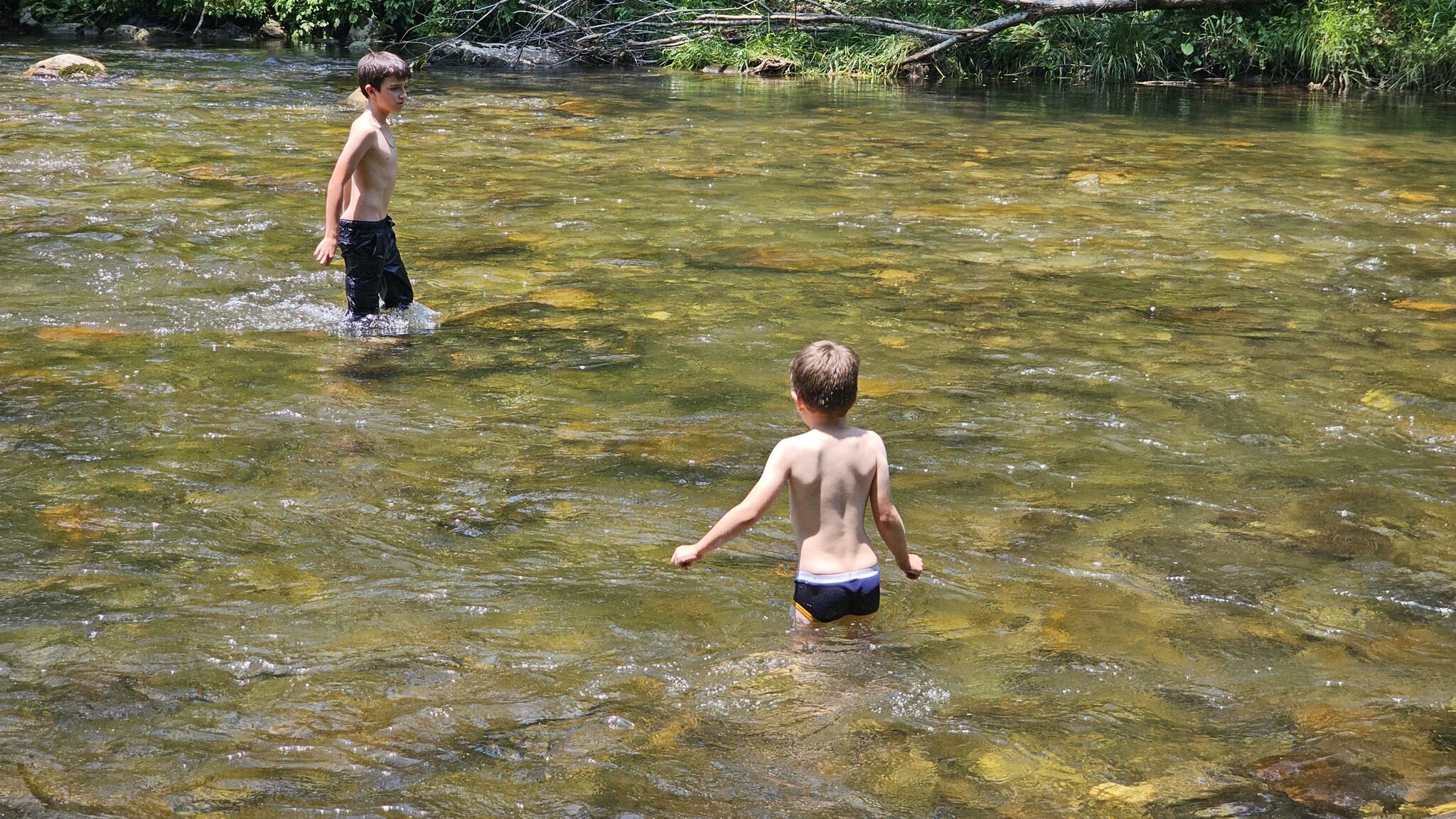 Two boys wading in the crystal clear waters of the Oconaluftee River near Mingo Falls