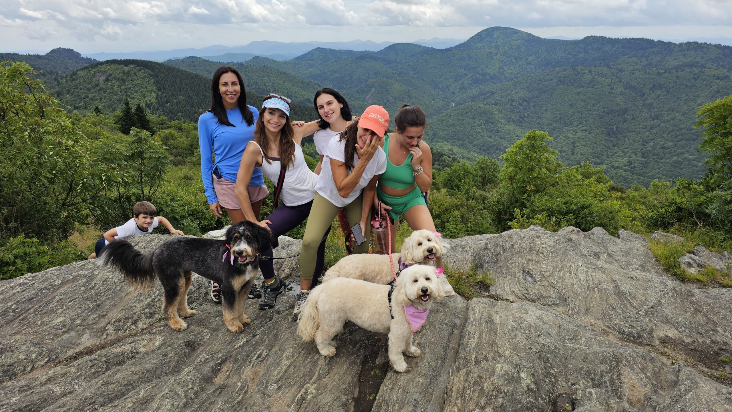 Family group with dogs enjoying the view from Sam Knob summit near Blue Ridge Parkway