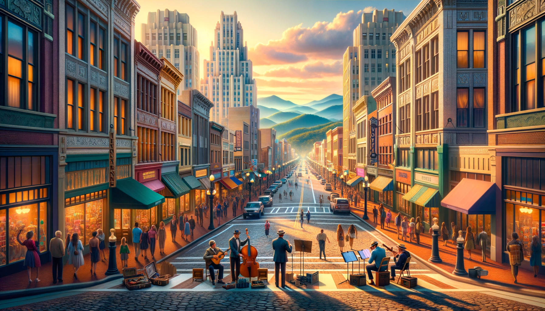 Downtown Asheville NC street scene with art deco architecture and mountain backdrop