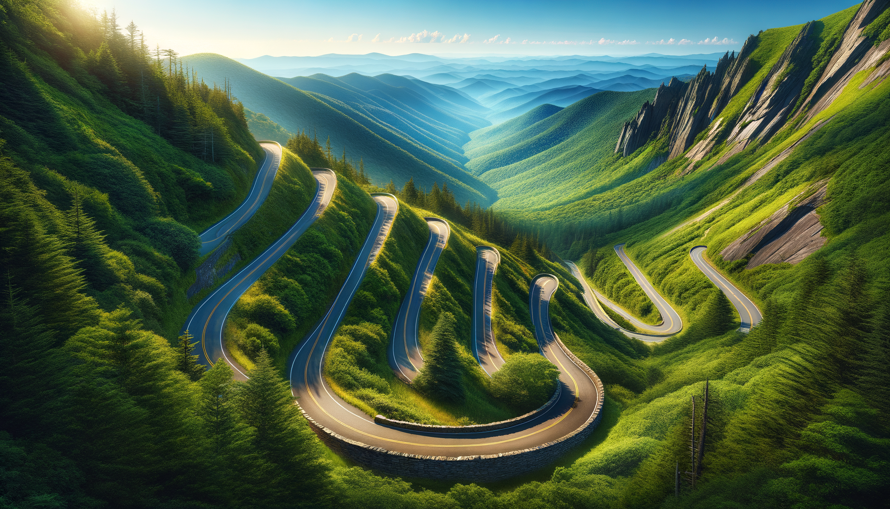 Winding Blue Ridge Parkway road through the mountains near Waynesville NC