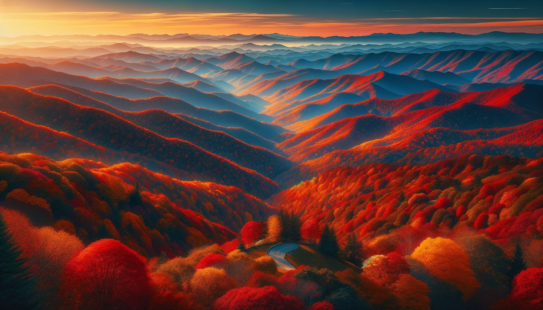 Peak fall foliage colors across Blue Ridge Mountain ridges near Waynesville NC