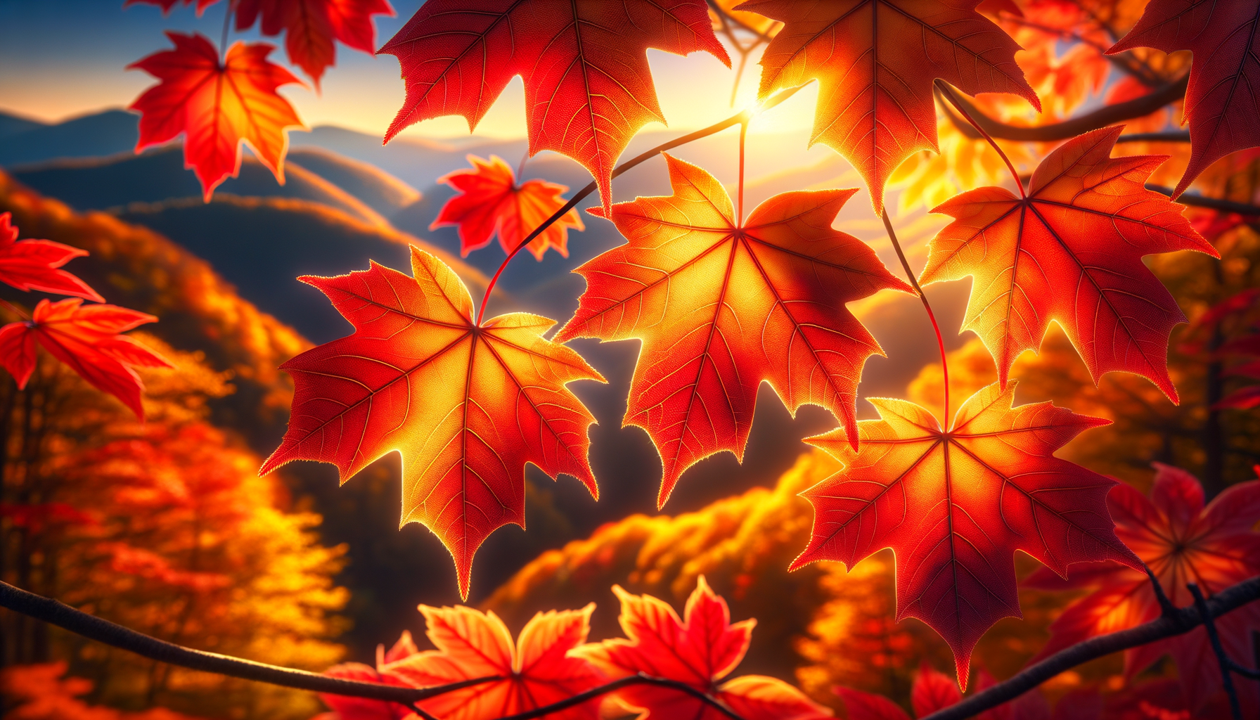 Vibrant red maple leaves backlit by autumn sunlight in the Smoky Mountains