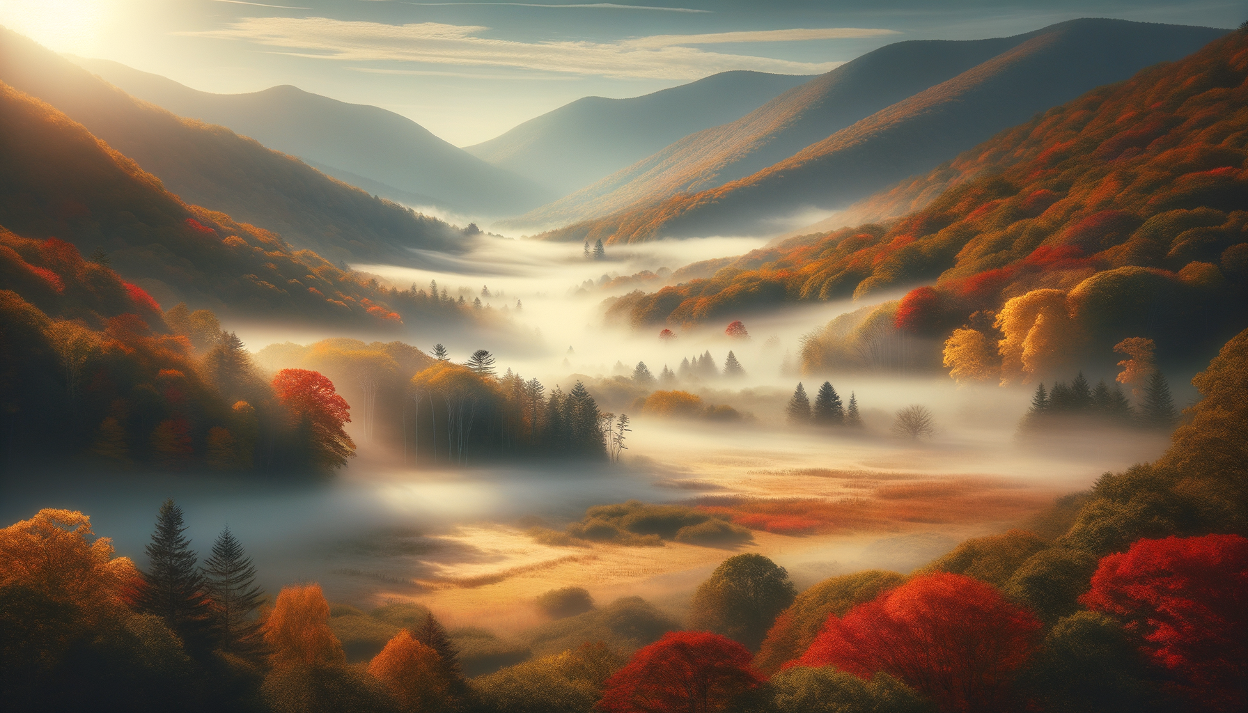 Morning mist rising through autumn-colored valley in the Smoky Mountains