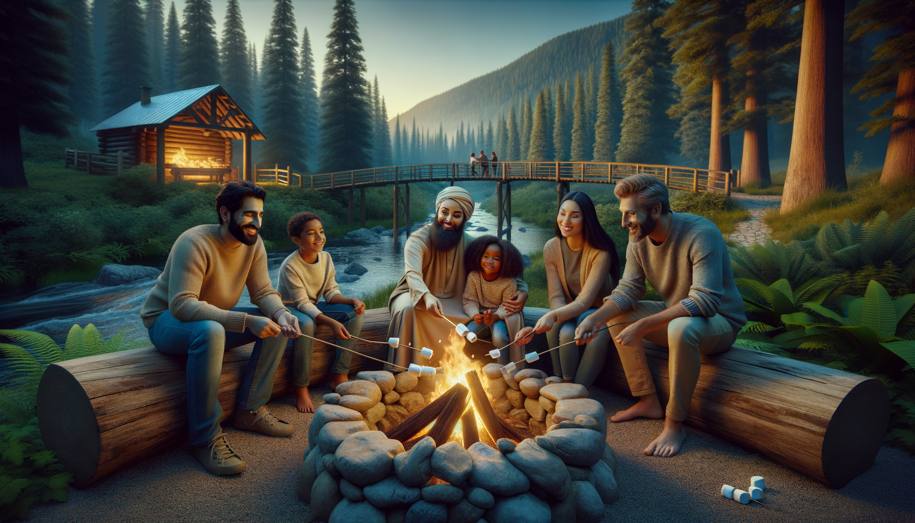 Family roasting marshmallows at the fire pit island at Smoky Mountain Dream cabin