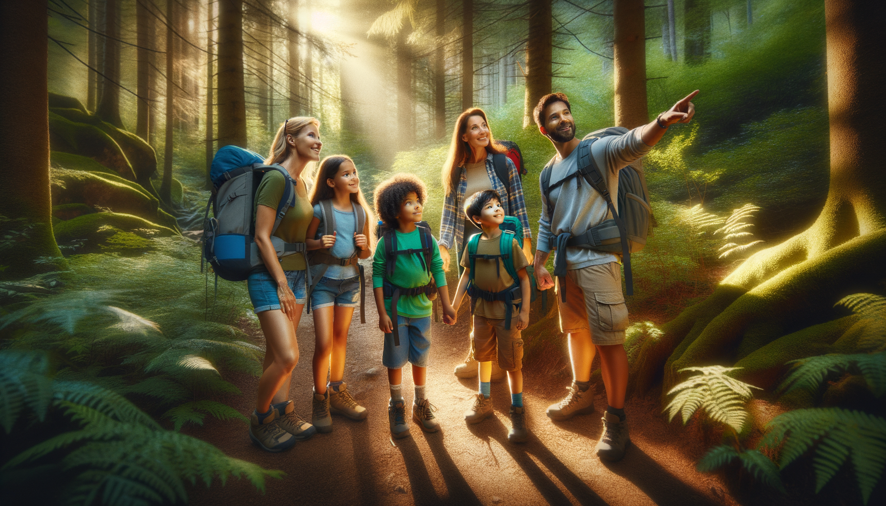 Family hiking together on a forest trail in Great Smoky Mountains National Park