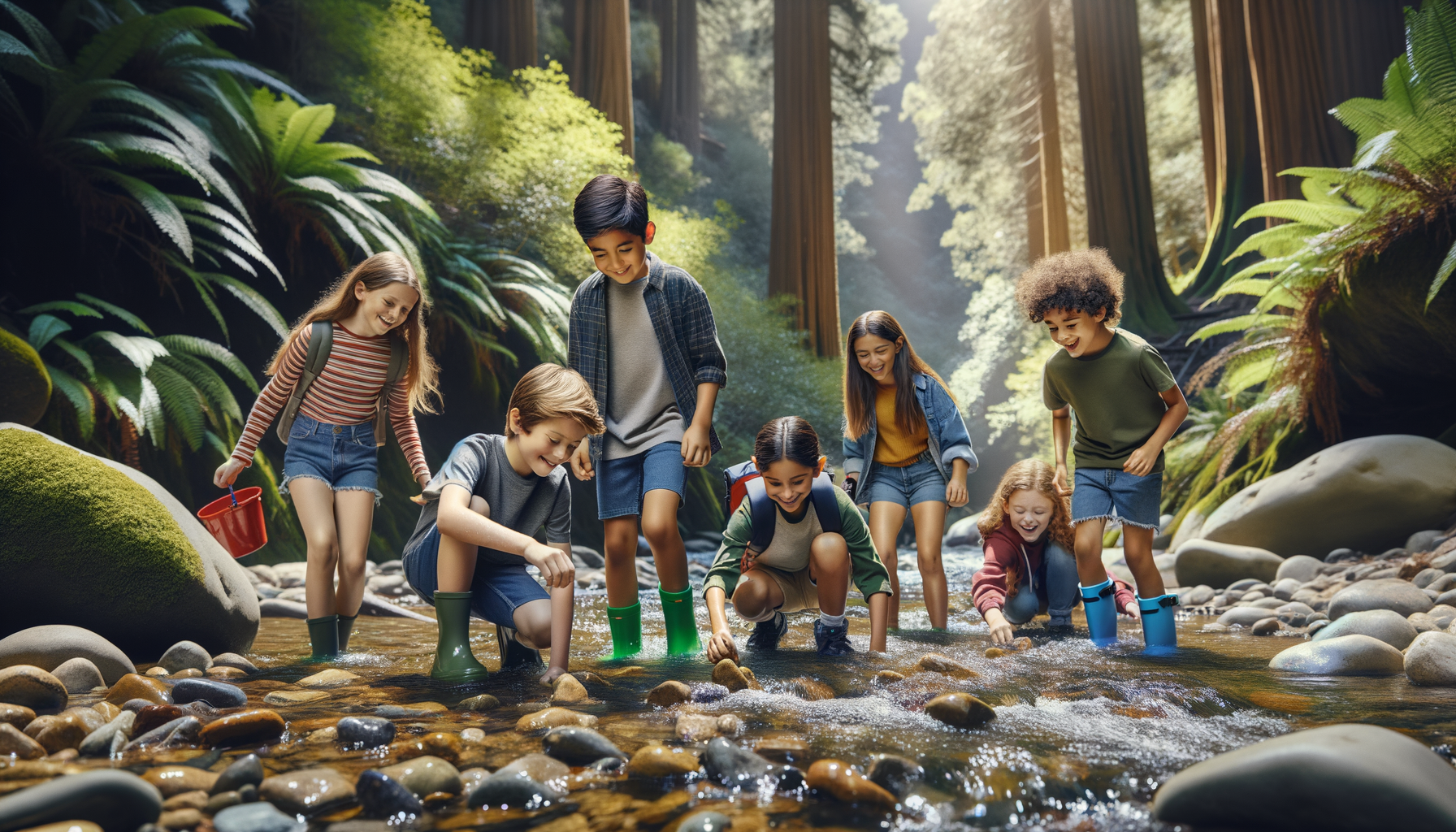 Children playing and exploring in a mountain creek at a Smoky Mountain cabin