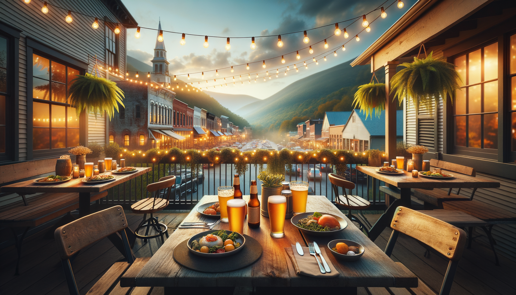Outdoor restaurant patio dining in downtown Waynesville NC with mountain views