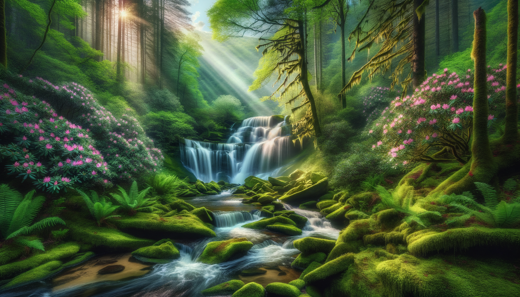 Waterfall cascading through lush forest in Western North Carolina near Waynesville
